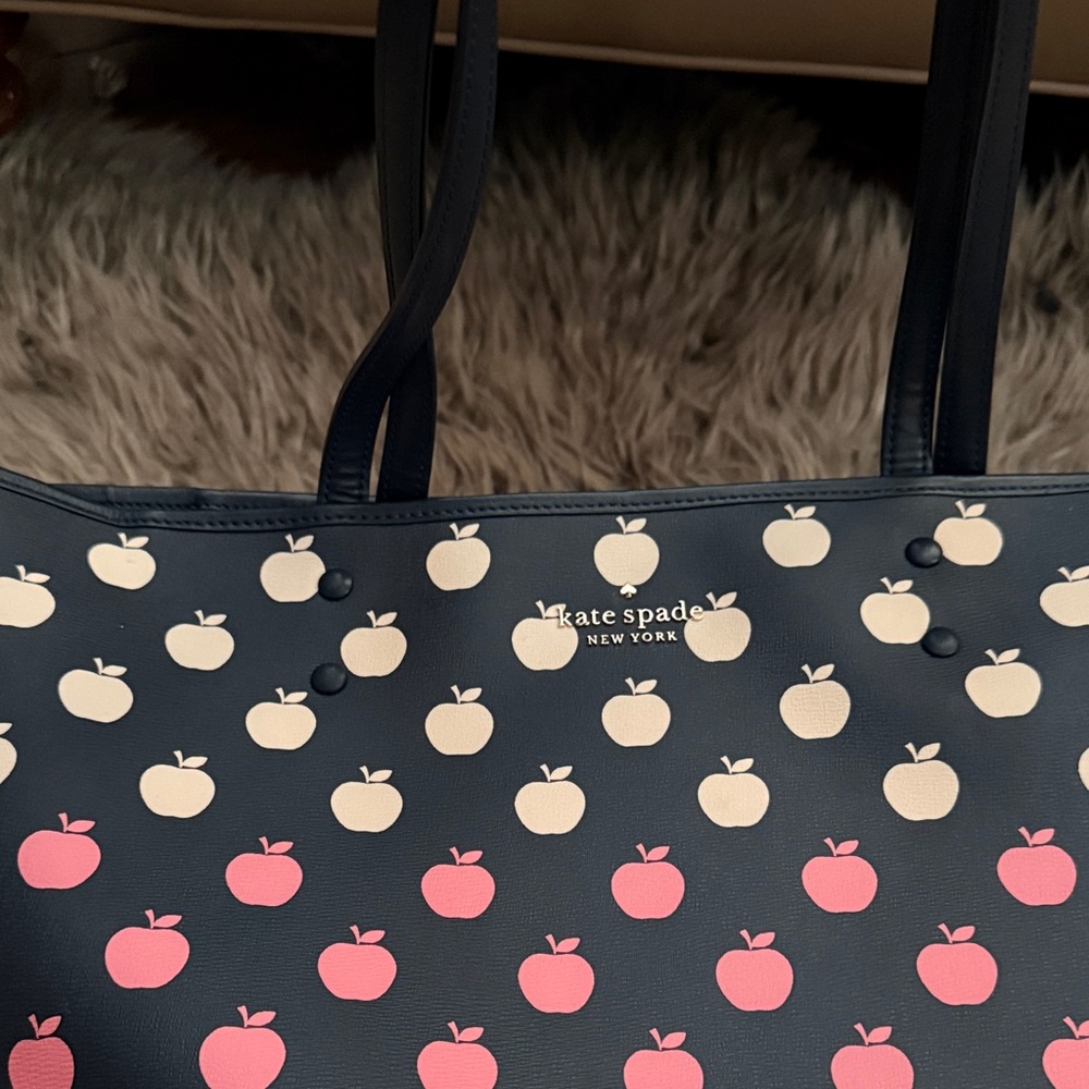 Kate Spade Navy Tote and Wallet with Red and Pink Apple Design - Picture 2 of 13
